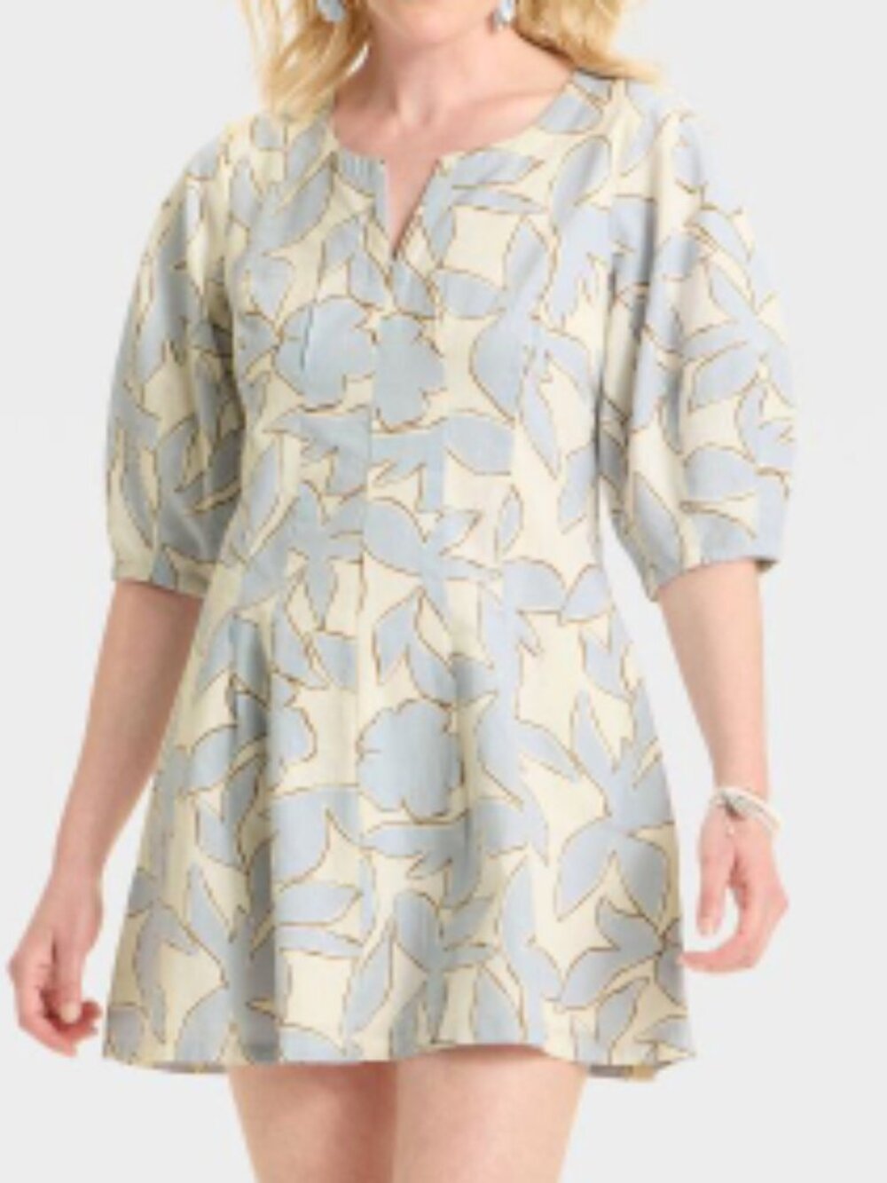 Puff Sleeve Mini Dress Linen Cotton Cream Cornflower Blue Summer Event EUC 4
